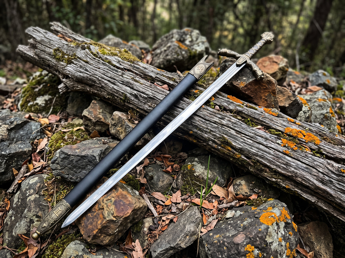 Decorative sword and black sheath with engraved chape lying side by side on a mossy log and rocks