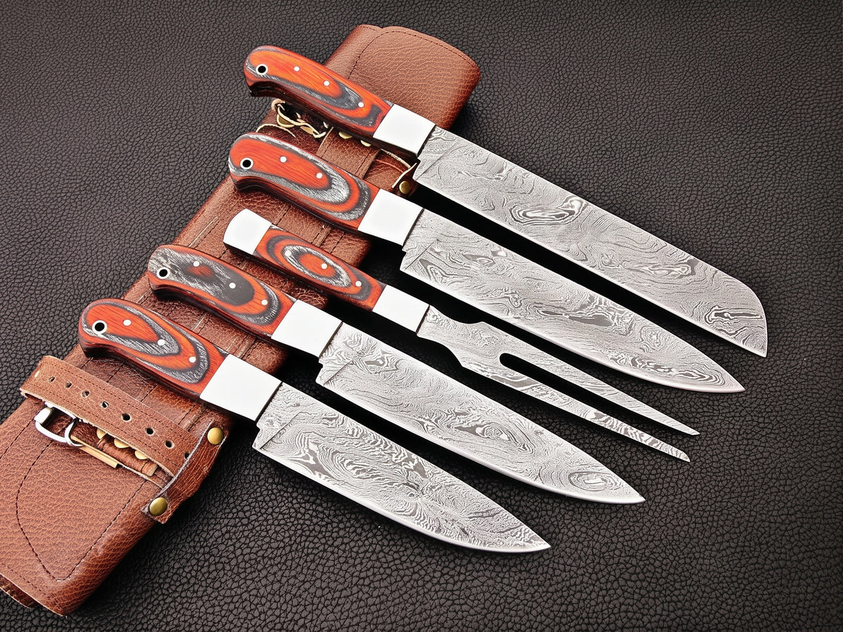 5 piece carving knife set with red and black handles fanned