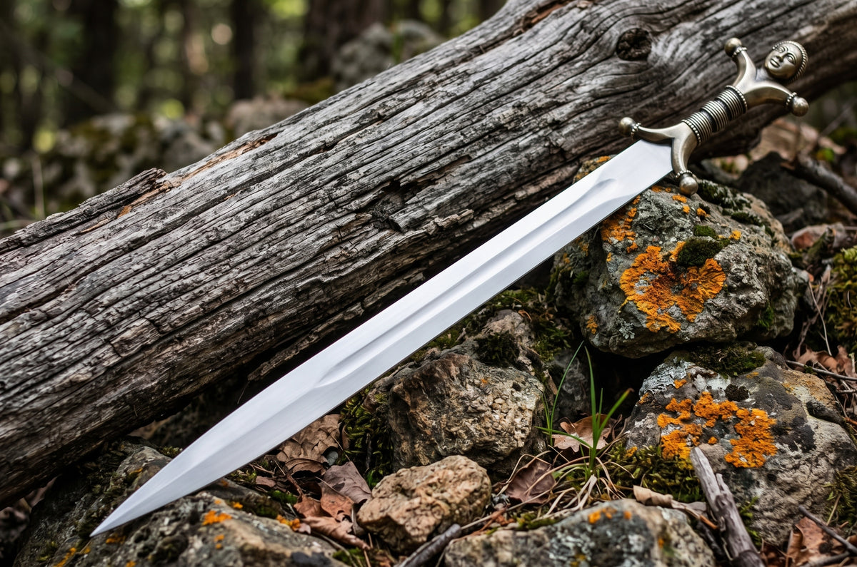 Decorative sword with polished grooved blade, carved face handle and ball tipped guard on a log and mossy rocks