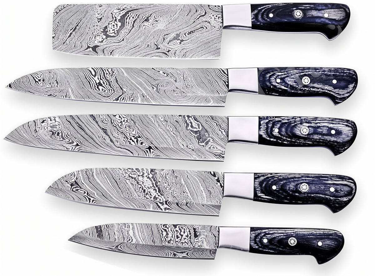 5 Pieces Damascus Knife Set with Pakka Wood Handles