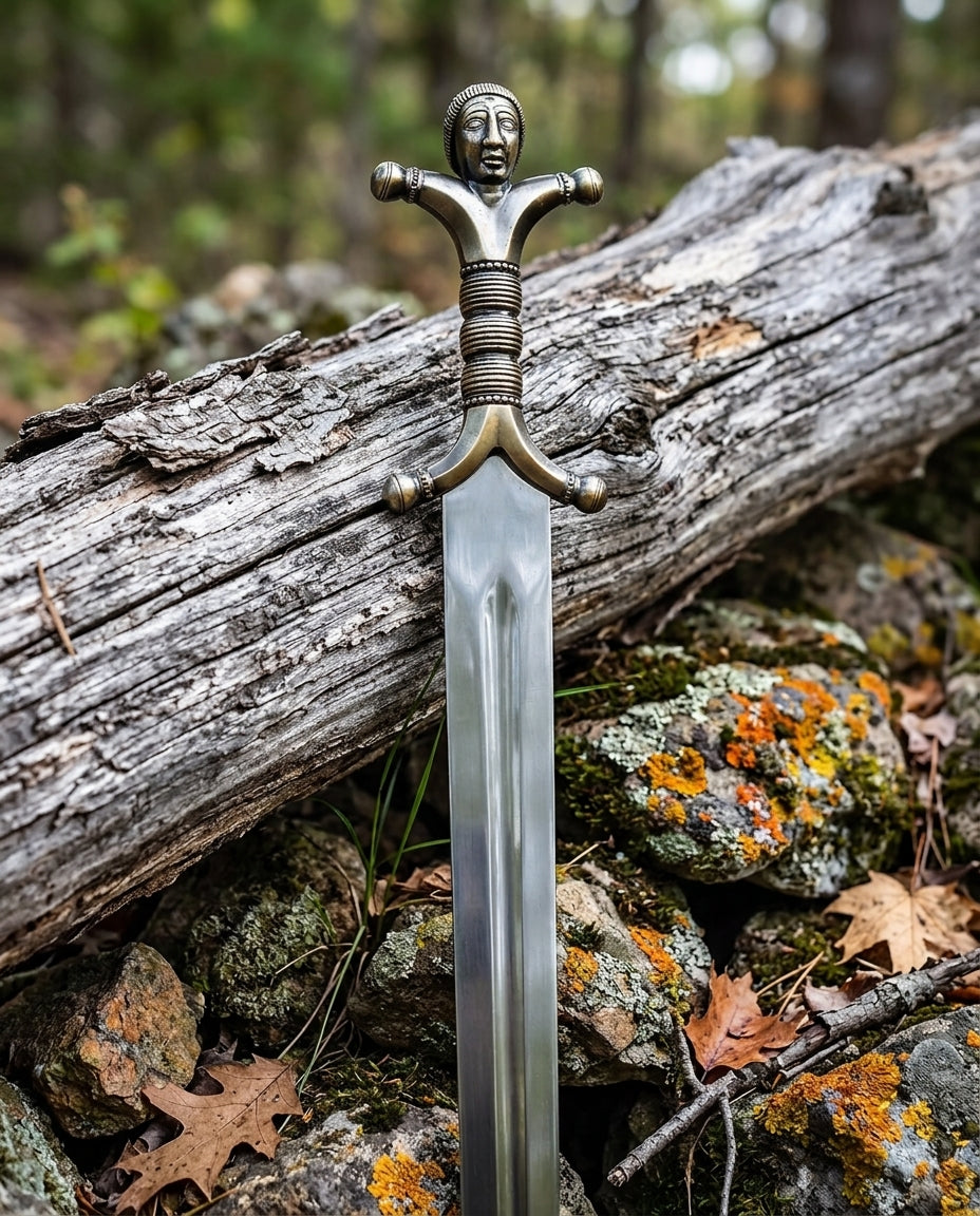 Decorative sword with carved face handle and ribbed bronze tone grip standing upright against a mossy log
