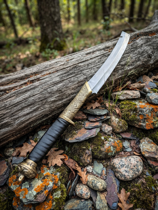 Full length carbon steel curved machete sword showing broad blade and wood handle