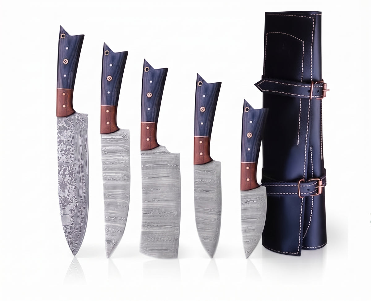5 piece Damascus knife set with pakka wood handles and matching leather roll case