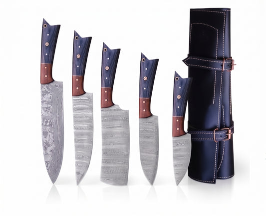 5 piece Damascus knife set with pakka wood handles and matching leather roll case
