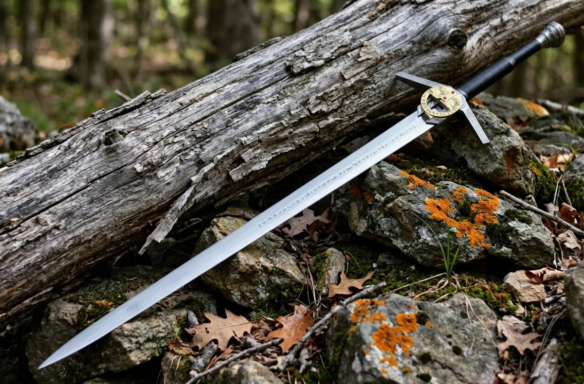 Close up of gold tone ring guard with red gems, engraved crossguard and rune etched blade on a decorative sword