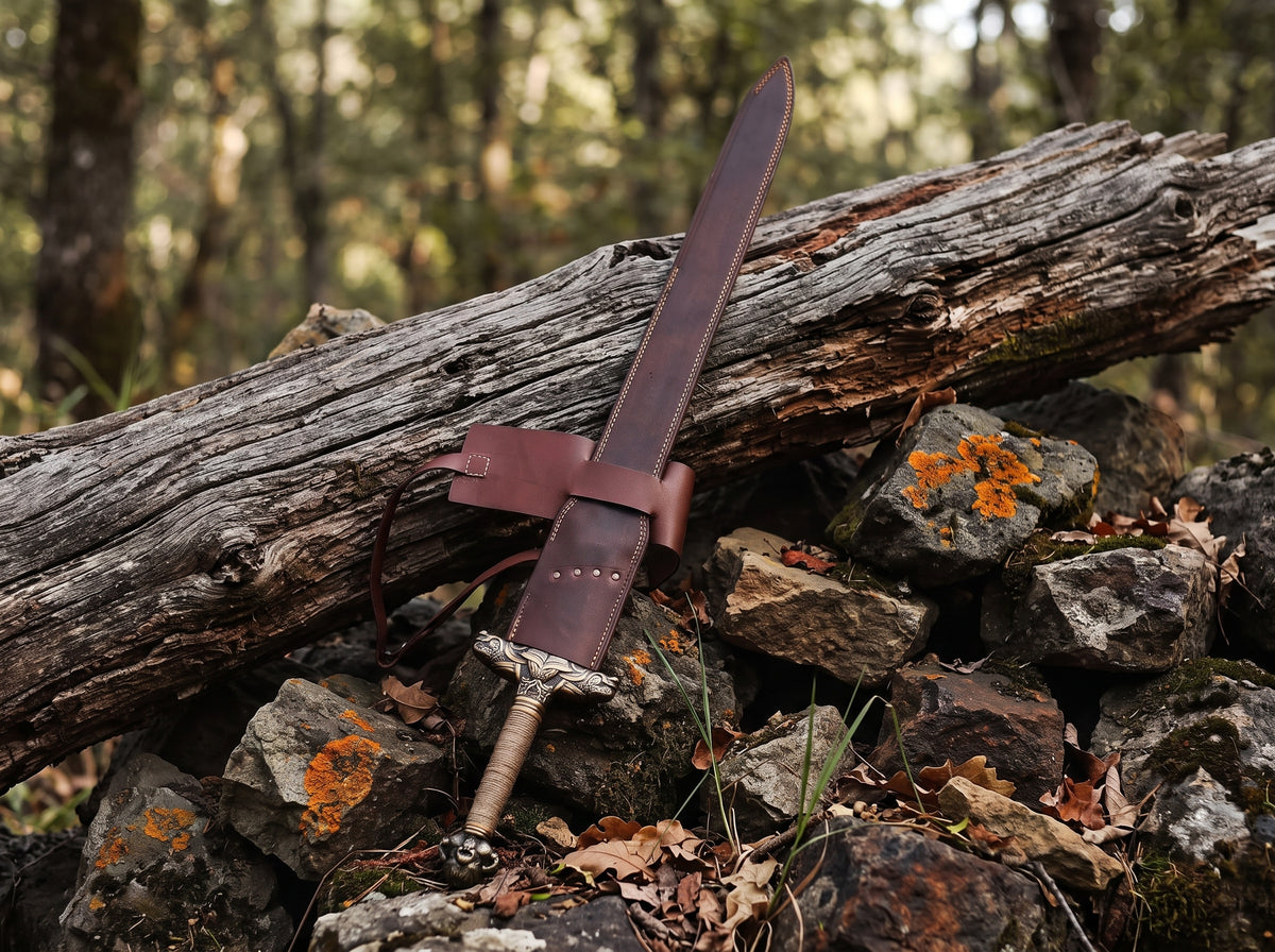 Brown leather sheath with stitched edges, wide belt loop and rivets beside a decorative sword hilt on rocks