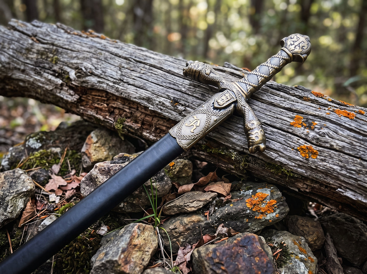 Close up of black sheath with engraved bronze tone throat and R monogram beside a lion head crossguard
