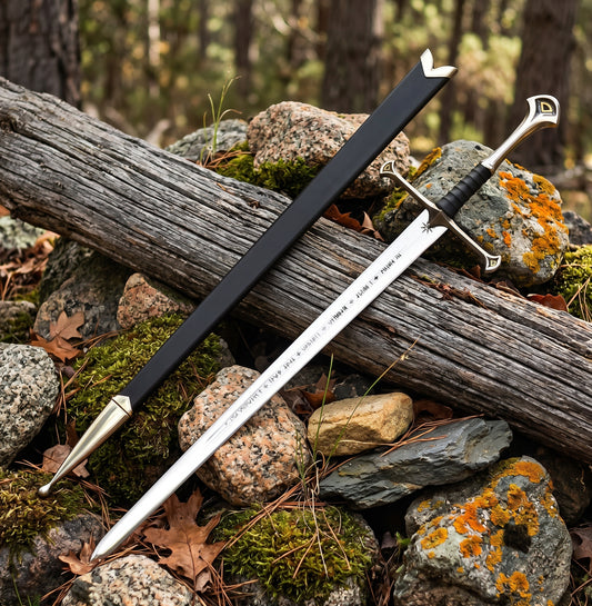 Decorative sword with rune engraved blade beside black sheath