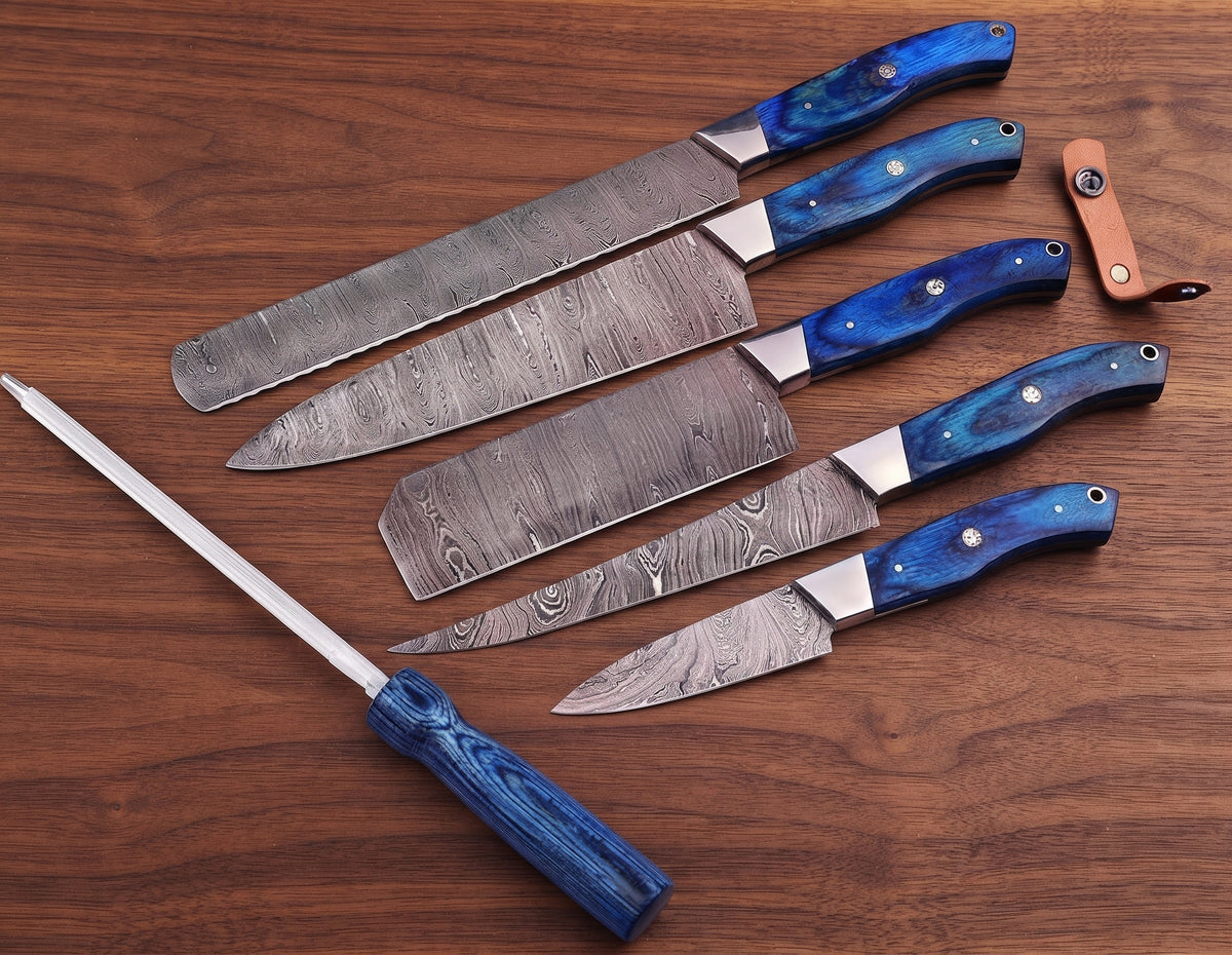 5 Pieces Damascus Steel Chef Knife Set with blue pakka wood handles and matching rod