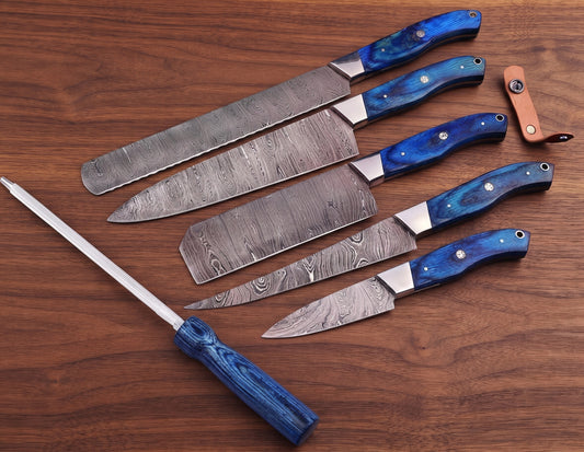 5 Pieces Damascus Steel Chef Knife Set with blue pakka wood handles and matching rod