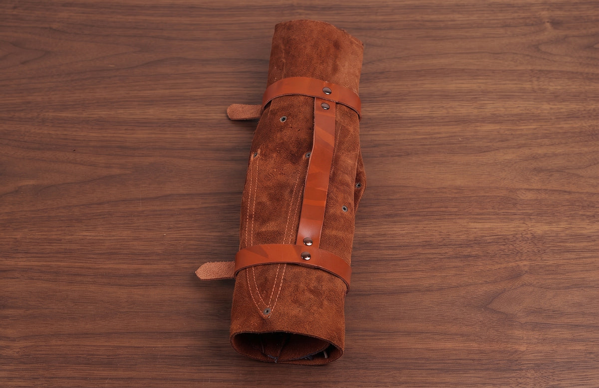 Rust leather roll case for the 5 Pieces Damascus Steel Chef Knife Set, shown closed