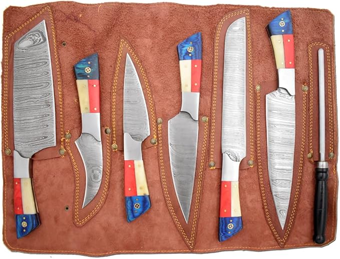 6 Piece Damascus Steel Knife Set with tri color acrylic handles fully seated in leather roll