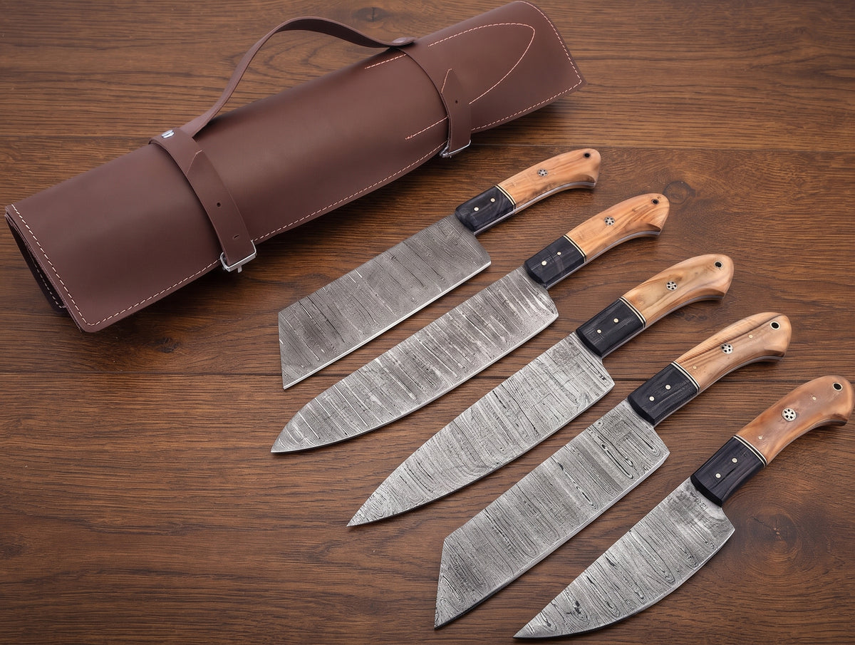 Another close up of the Damascus steel blades and two tone wood handles