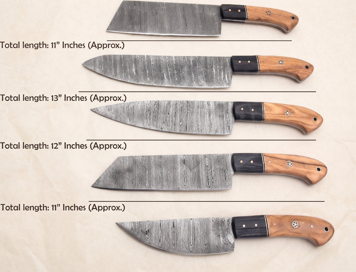 Size chart showing total length for each knife, ranging from 10 to 13 inches