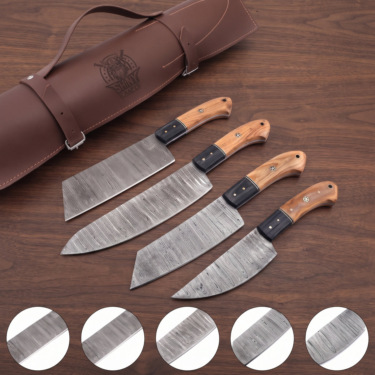 Damascus steel chef knife set with two tone wood handles beside a brown leather roll case