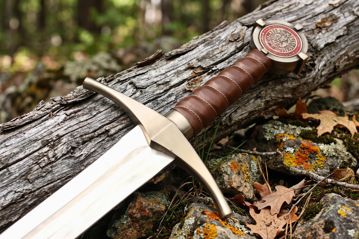 Close up of brown leather wrapped grip with stitched bands, curved crossguard and red seal round pommel