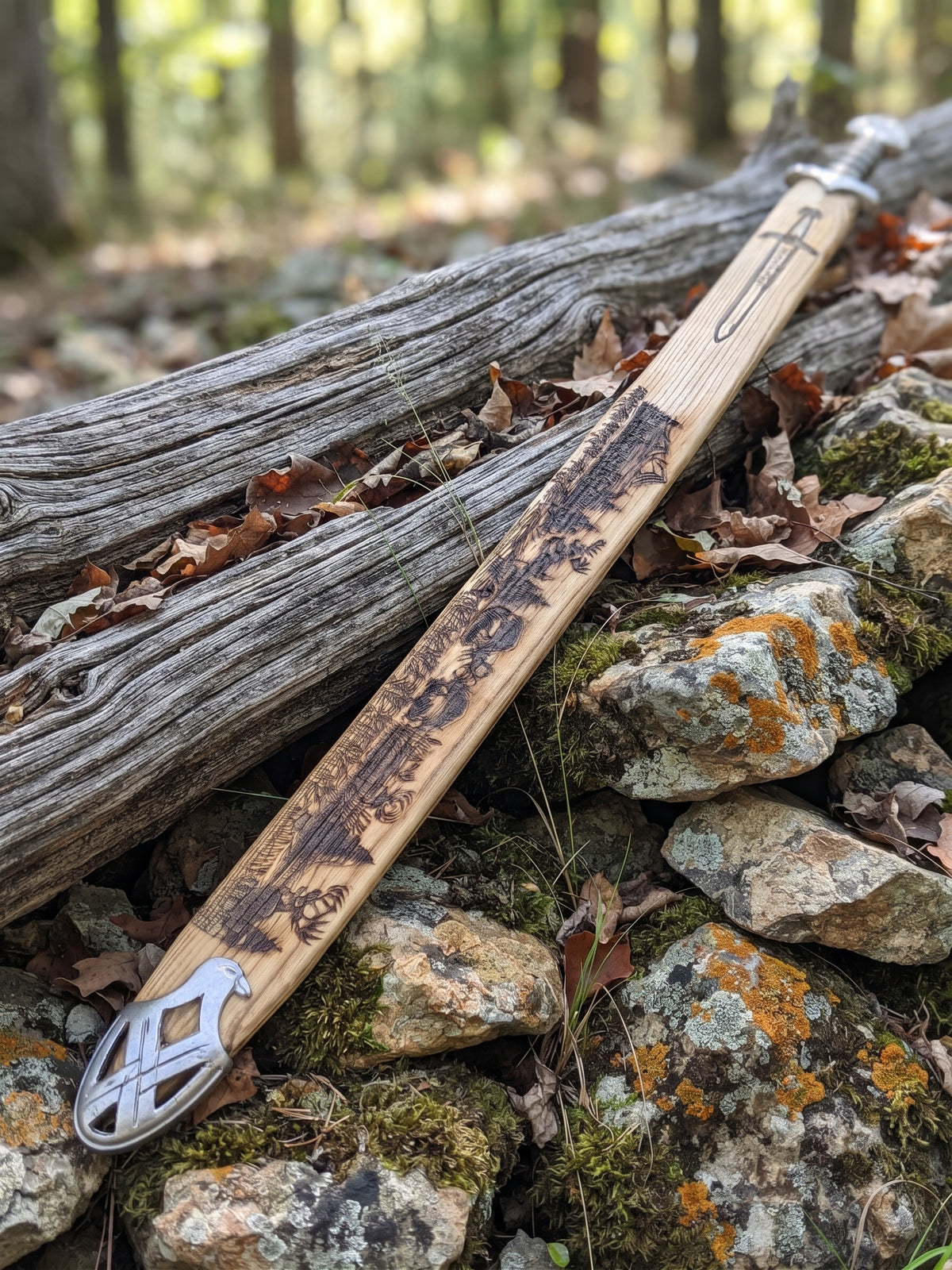 Ash wood sword scabbard with engraved woodland and sword motifs