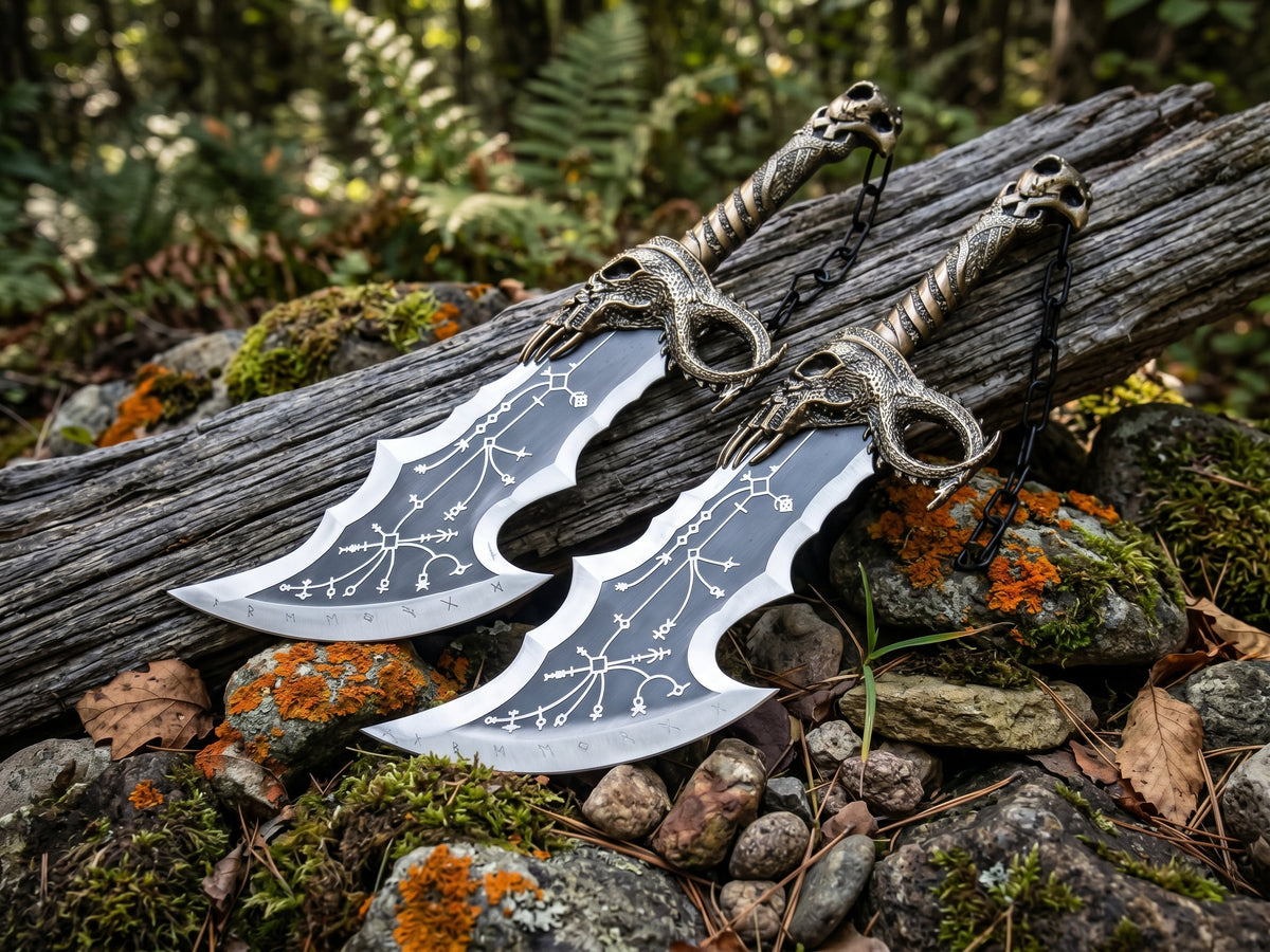 Matching steel fantasy blades on plain background