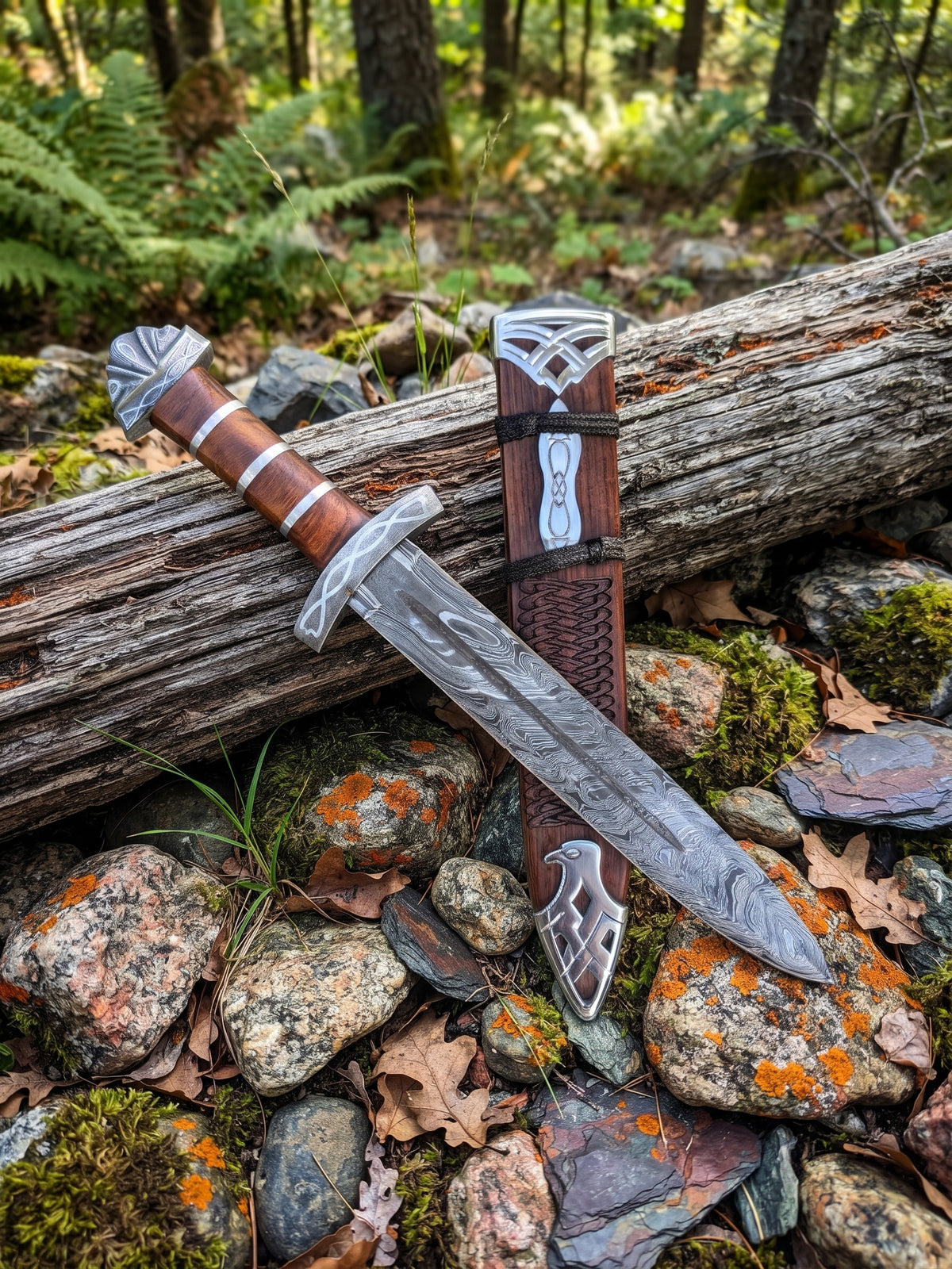 Closeup of flowing Damascus steel patterns on broad Viking sword blade