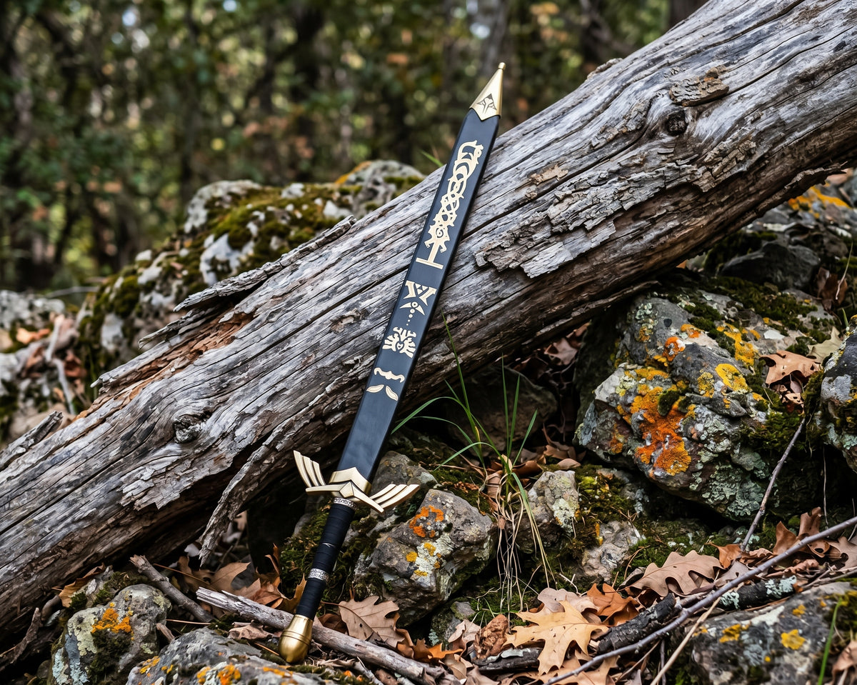 Black sheath with gold tone engraved symbols and pointed tip beside a decorative sword hilt on a weathered log