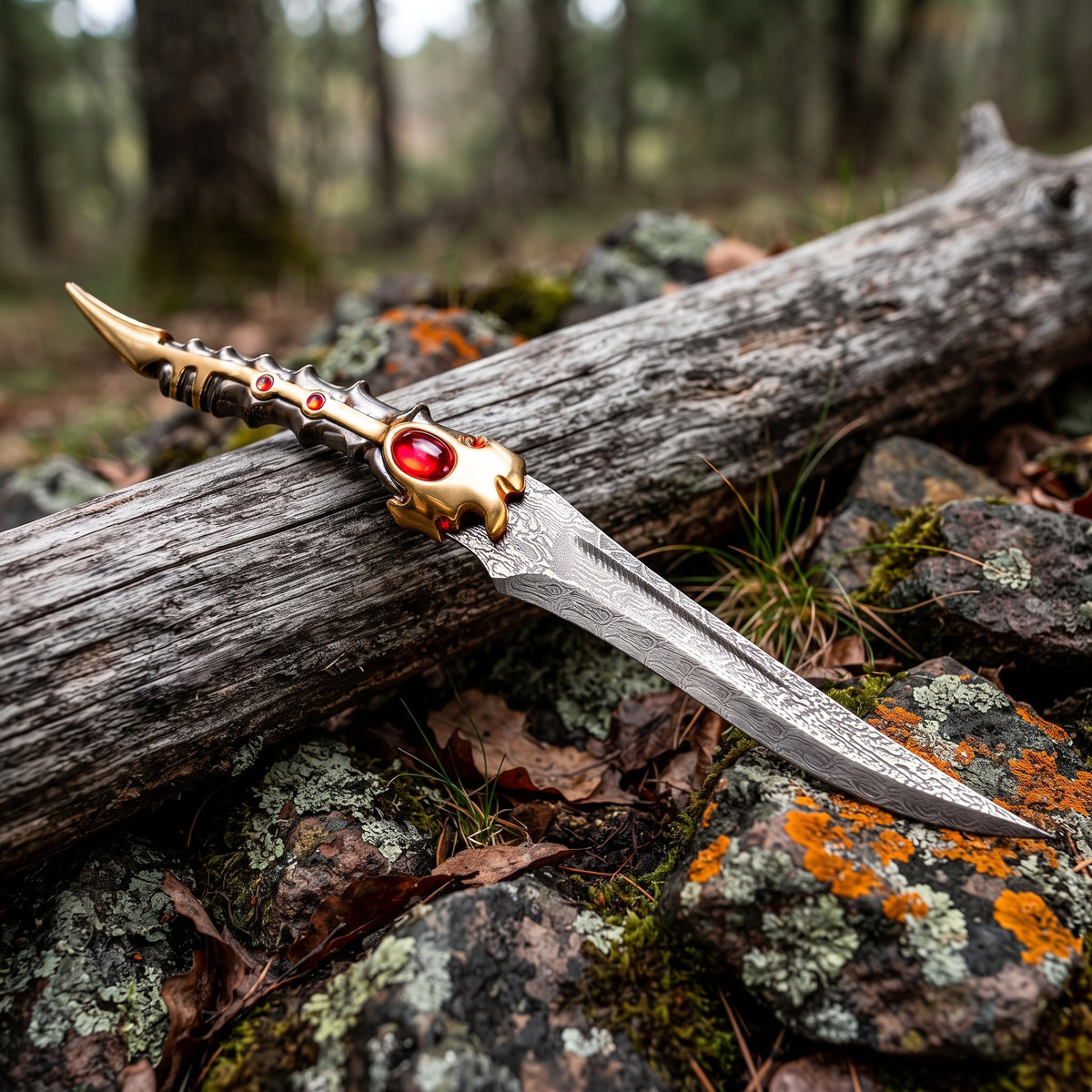 Hunting knife resting on log with moss