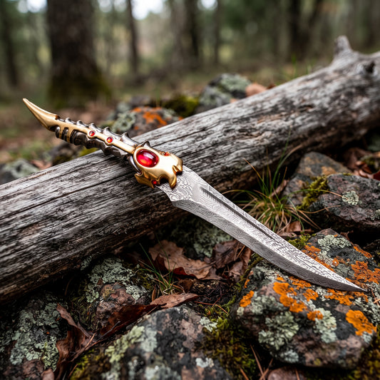 Hunting knife resting on log with moss