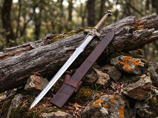Decorative sword with bronze tone serpent crossguard and rope wrapped grip beside a brown leather sheath on a mossy log