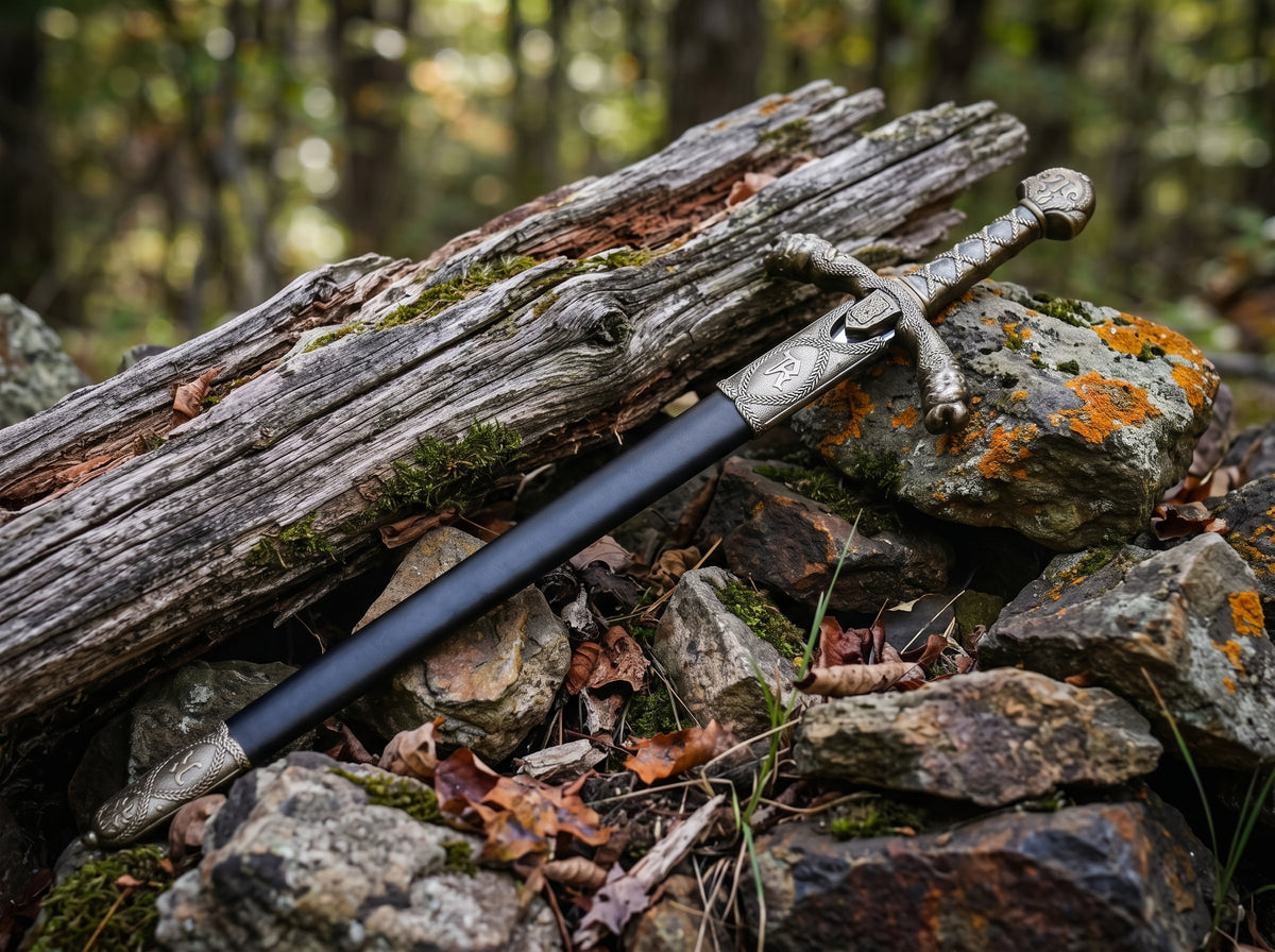 Decorative sword partly in a black sheath with engraved throat and lion head crossguard resting on mossy rocks