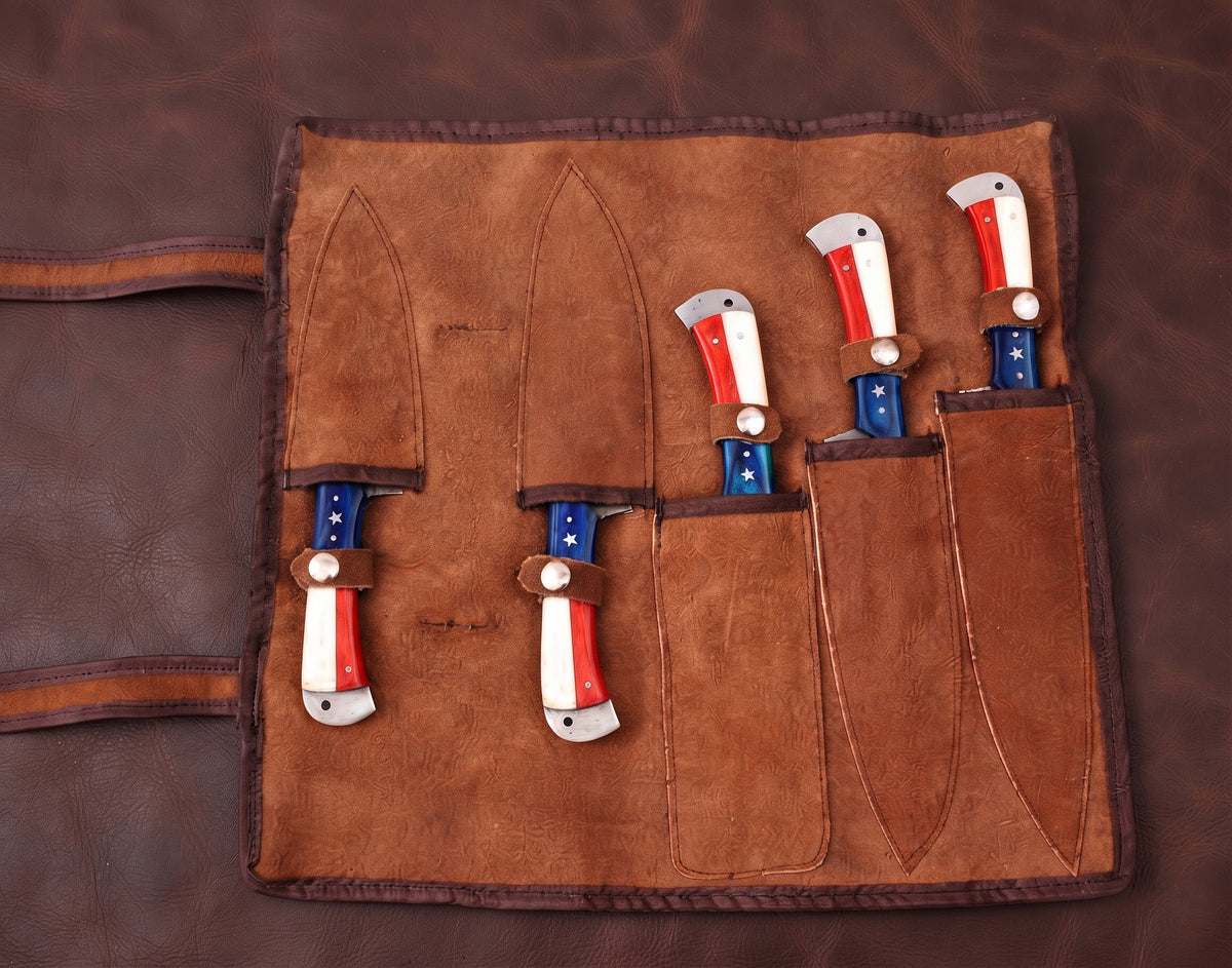 Leather roll case fully packed with all 5 Damascus knives and the sharpening rod