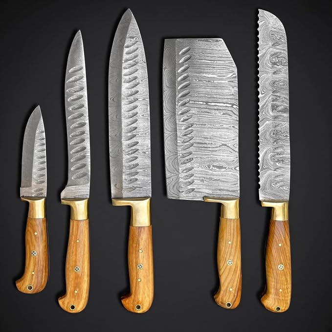 5 Pieces Damascus Steel Chef Knife Set with pakka wood handles and brass bolsters