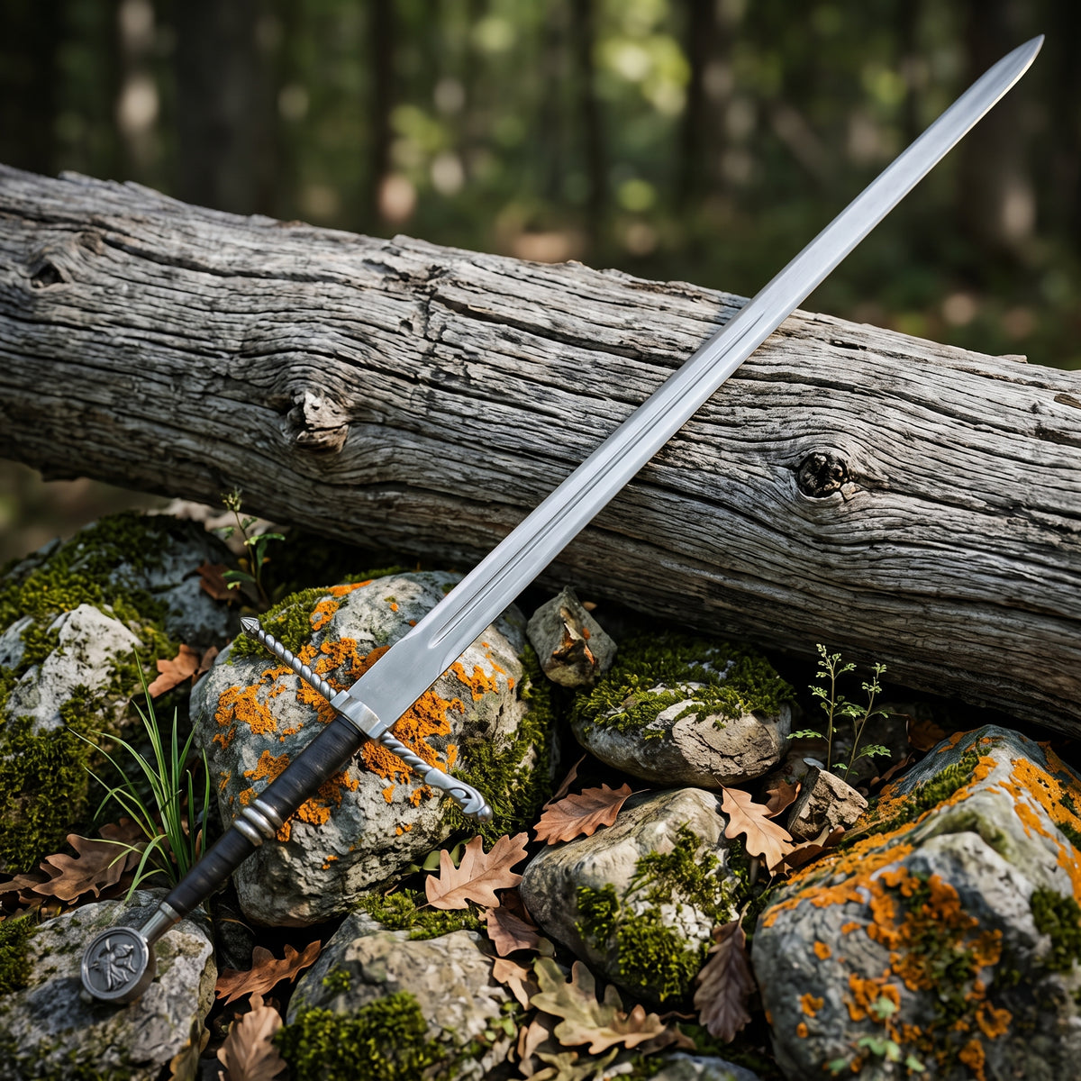 Decorative sword with twisted silver tone crossguard, black wrapped grip and round medallion pommel resting on mossy rocks