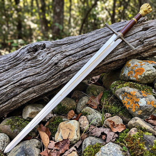 Decorative sword with lion head pommel resting on mossy log