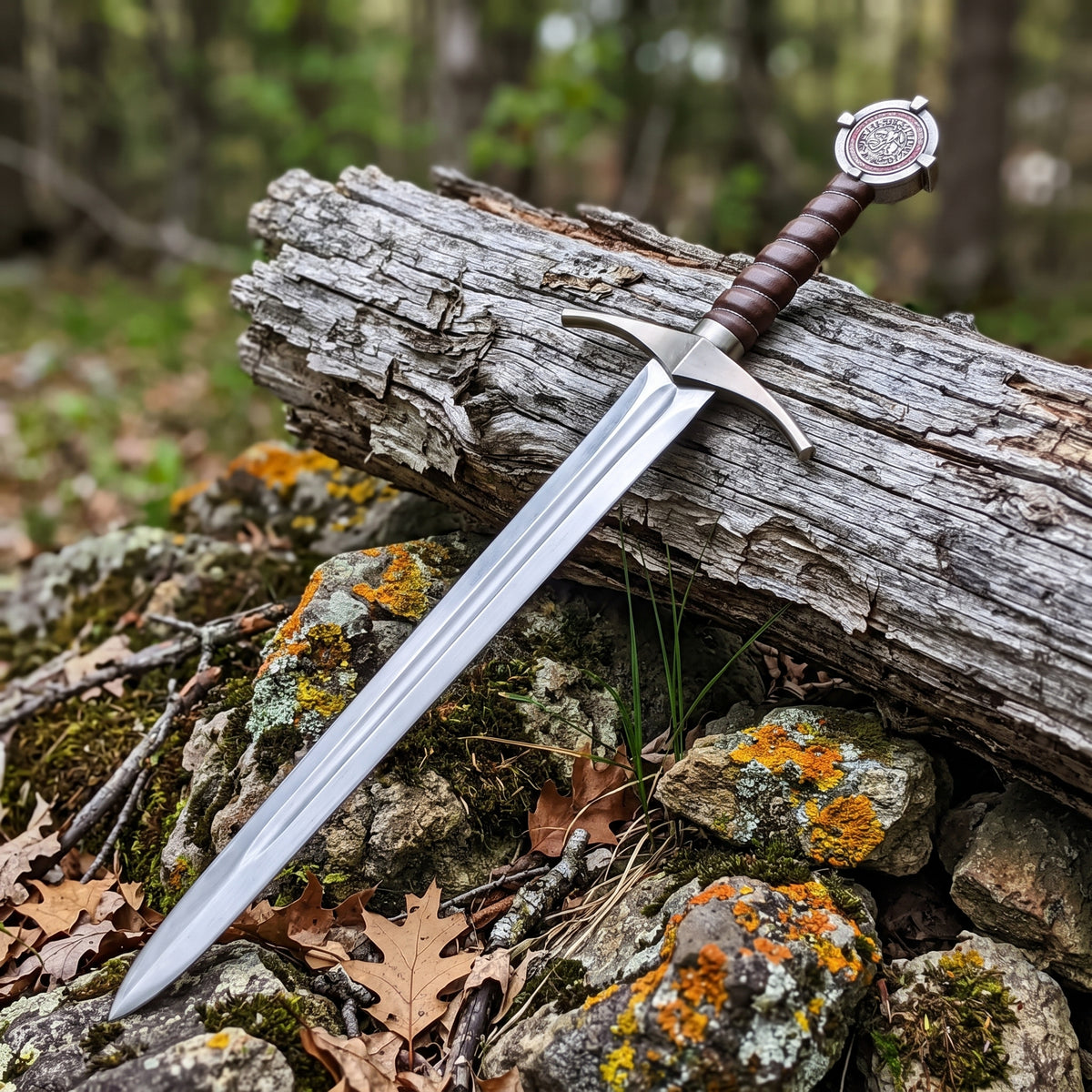 Decorative sword with brown leather wrapped grip, curved crossguard and red seal pommel leaning on a weathered log