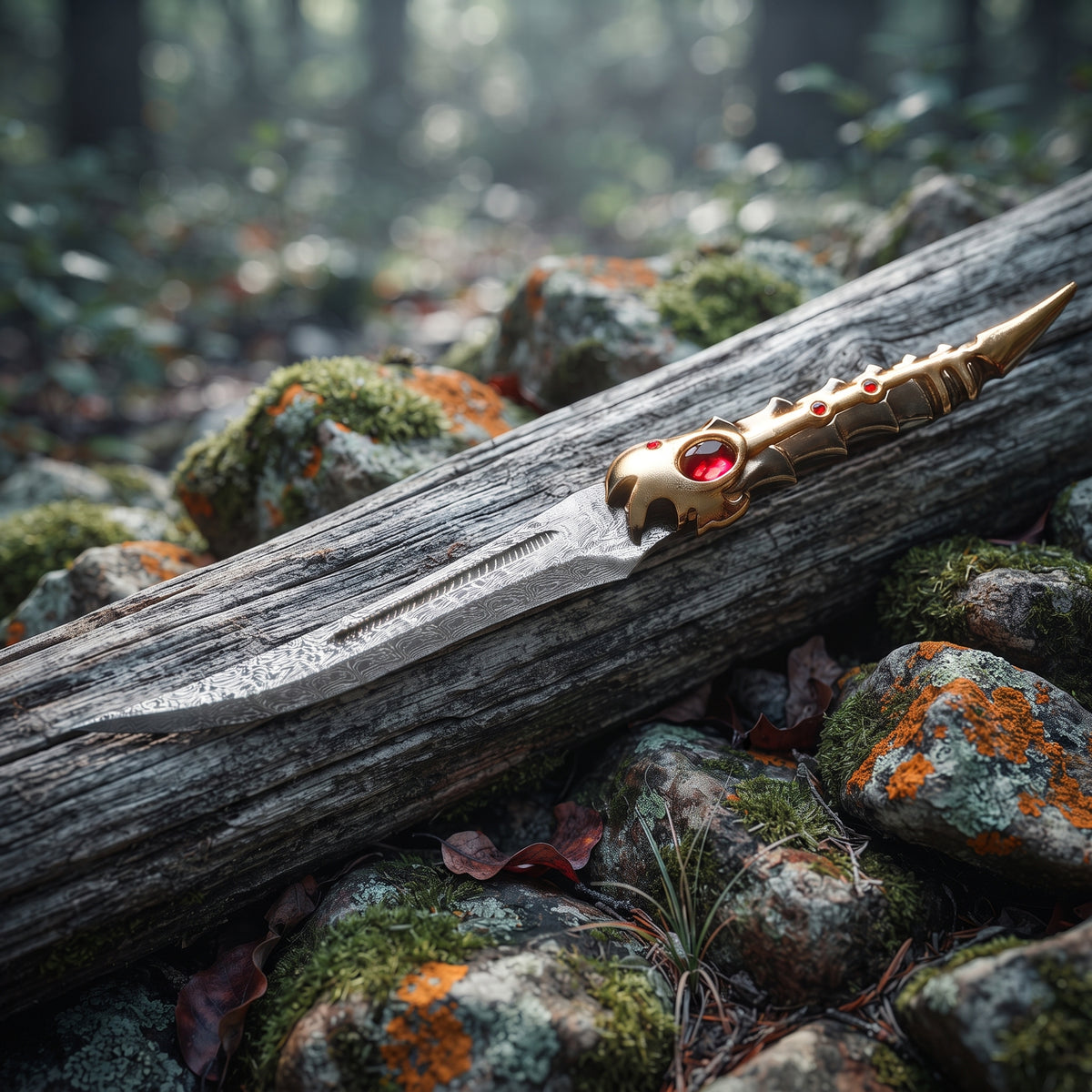 Hunting knife with brass hilt on forest log