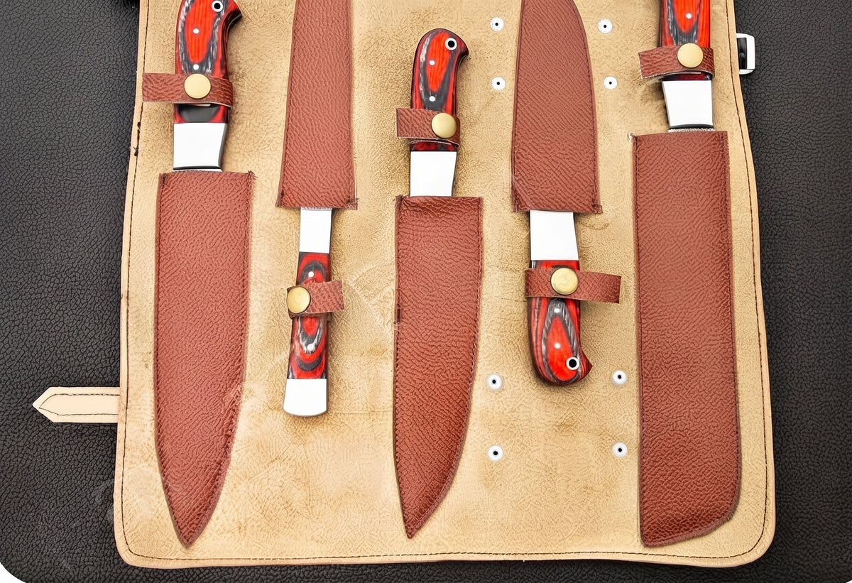Tan leather knife roll case with sheaths