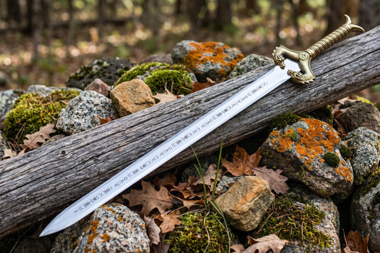 Decorative sword with rune engraved blade and dragon guard on log