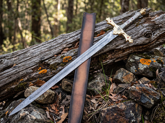 Decorative sword with wave pattern blade, gold crossguard and crown pommel beside an upright brown leather sheath