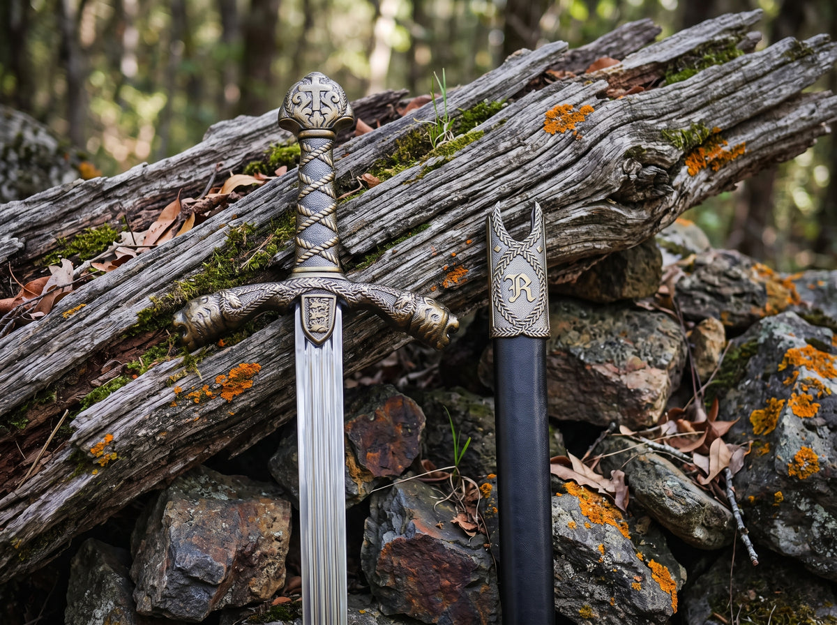 Decorative sword and black sheath with engraved R monogram standing upright side by side among rocks and moss