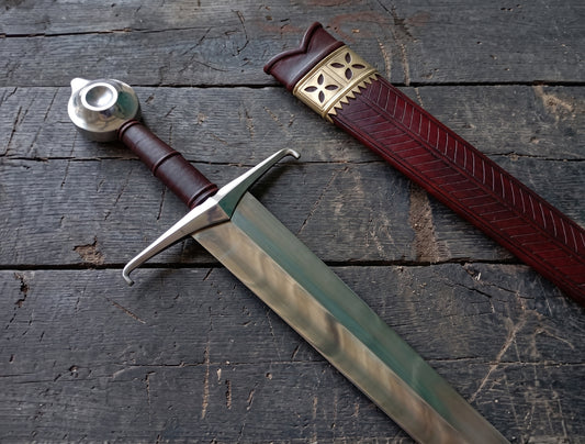 Handmade Medieval Knightly Arming Sword Double Edged Steel Blade, Leather Scabbard