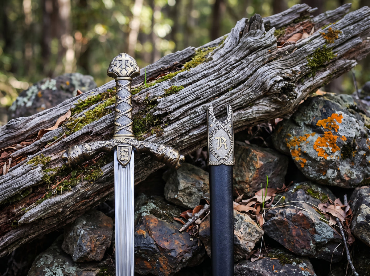 Decorative sword with lion head crossguard and matching black sheath standing upright against a weathered log