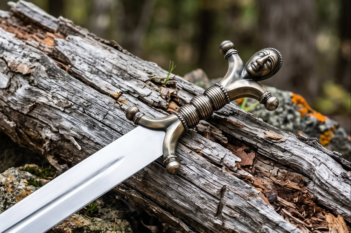 Decorative sword with carved face handle, ribbed grip and ball tipped crossguard resting on a weathered log
