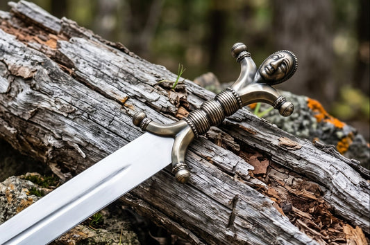 Decorative sword with carved face handle, ribbed grip and ball tipped crossguard resting on a weathered log