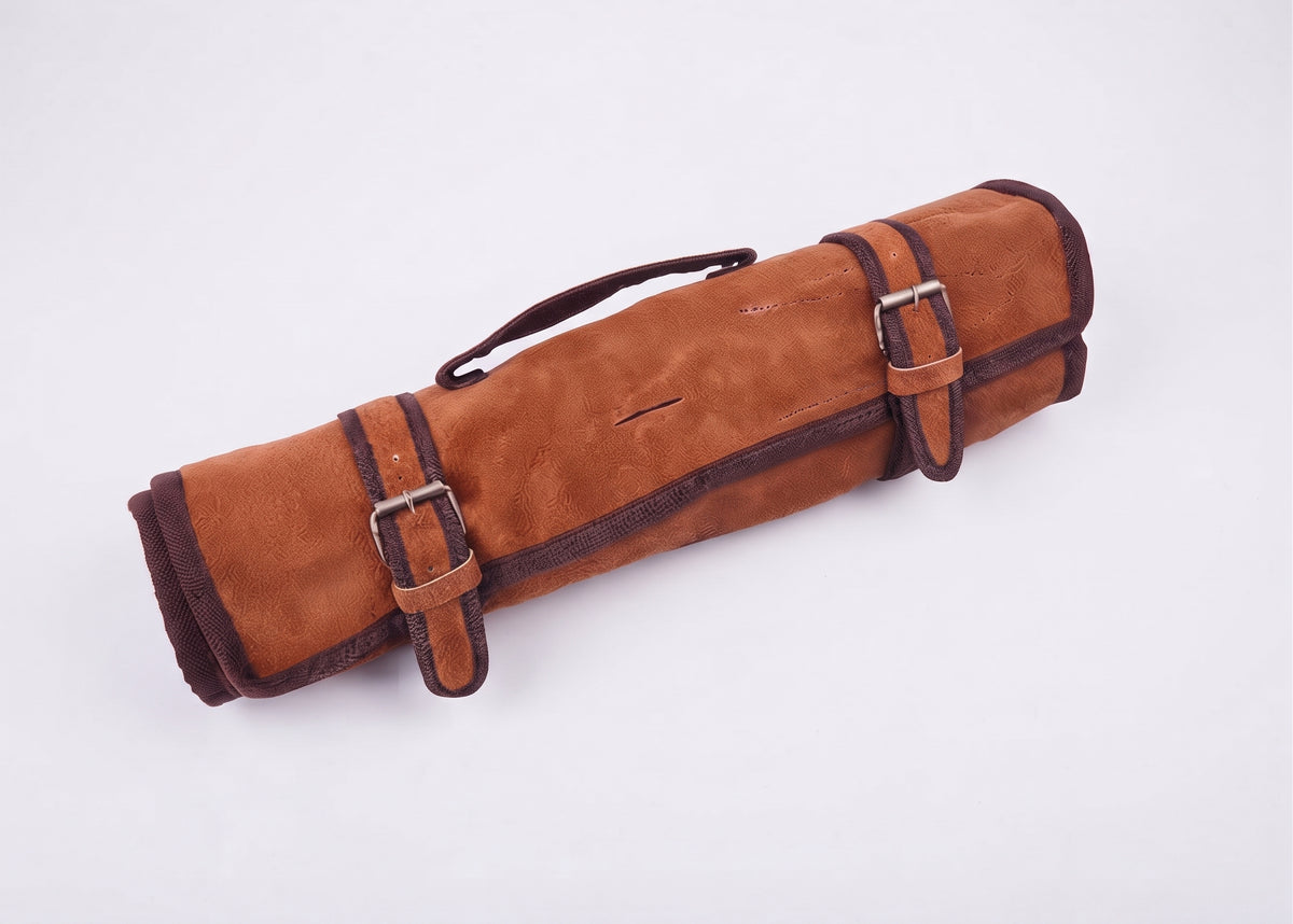 Rust leather roll case for the 5 Pieces Damascus Steel Chef Knife Set, shown rolled closed