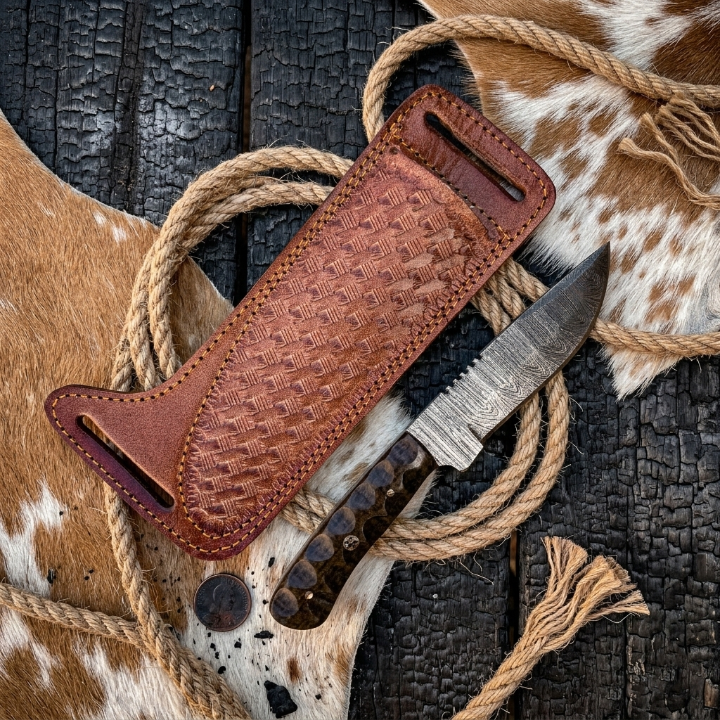 Twist Damascus Skinning Knife – Handmade Fixed Blade Hunting Knife with Brown Micarta Handle & Leather Sheath