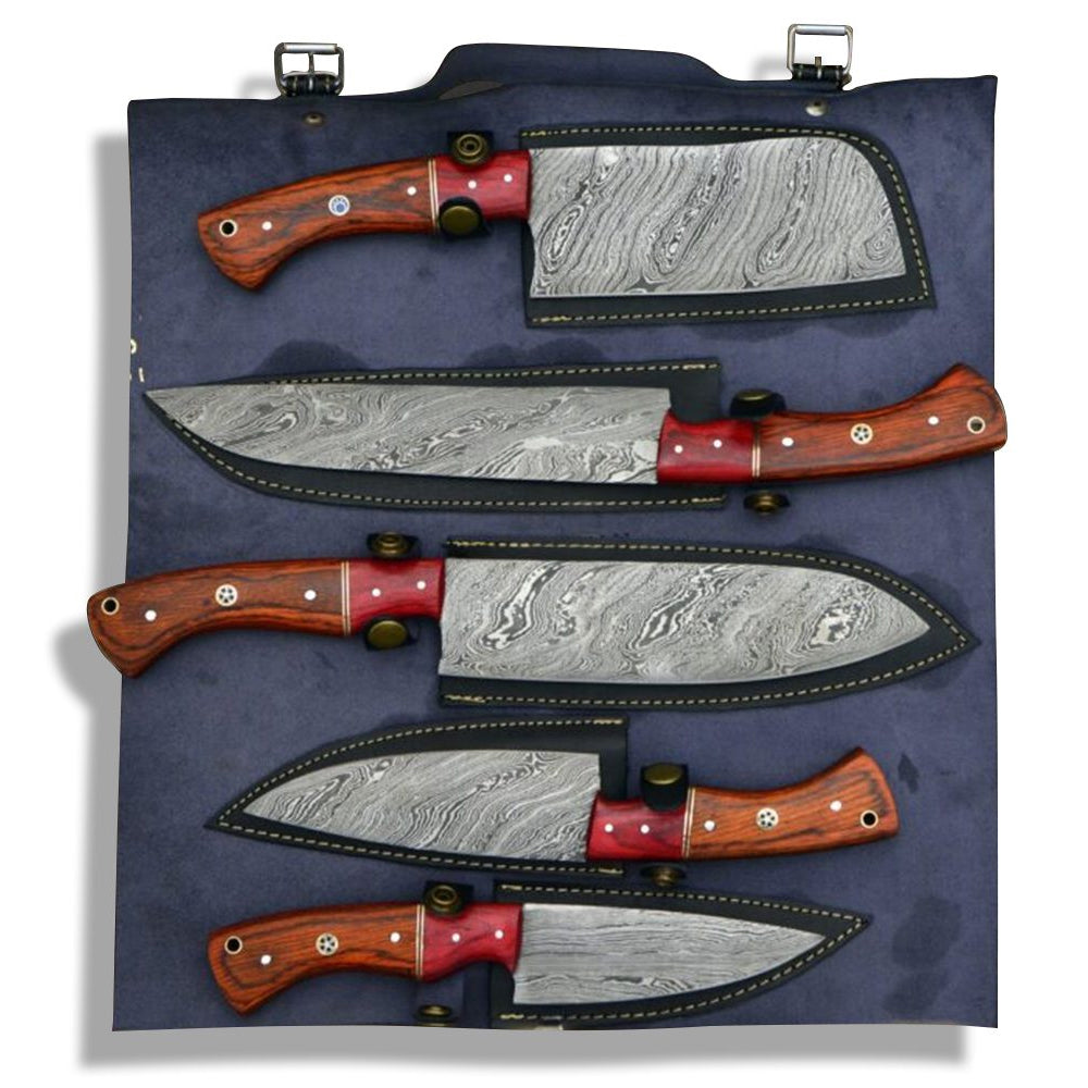 5 piece Damascus steel chef knife set in navy leather roll bag with buckle straps