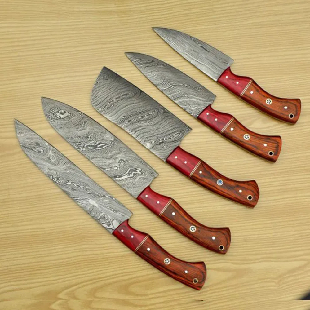 Pakka wood handle knives with mosaic pin detail from 5 piece Damascus set
