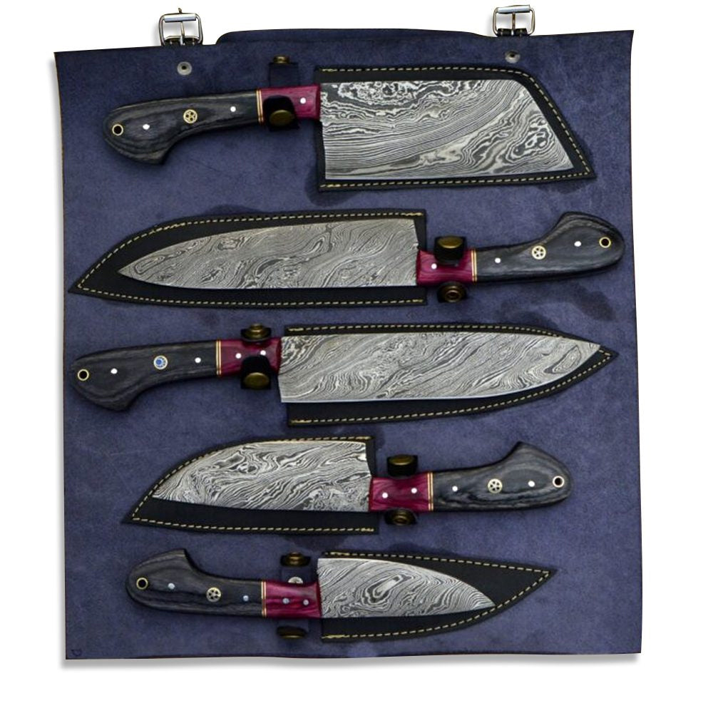 Damascus chef knife set in navy leather roll bag with stitched sheaths and buckle straps