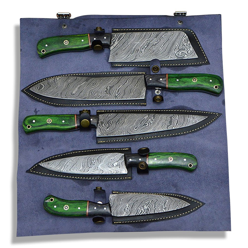 5 piece Damascus steel chef knife set in navy leather roll with buckle straps