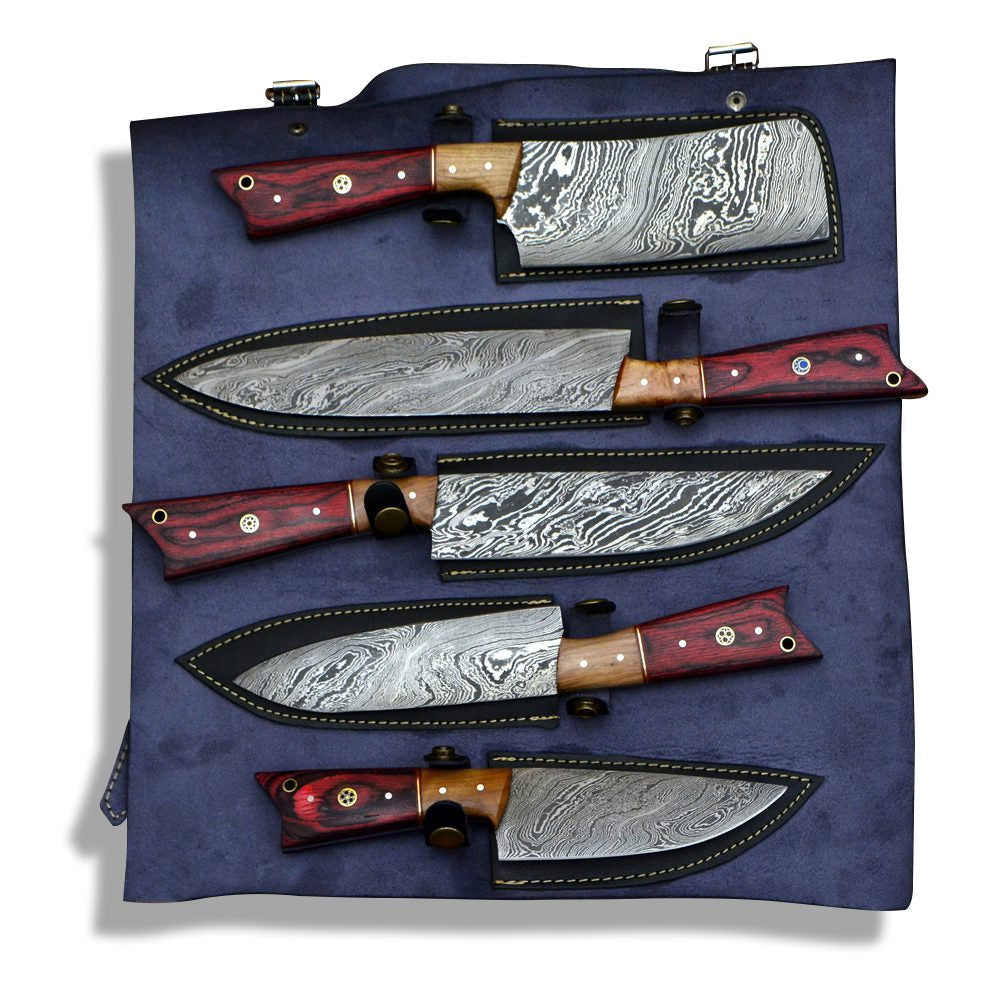 5 piece Damascus steel chef knife set in navy leather roll with buckle straps