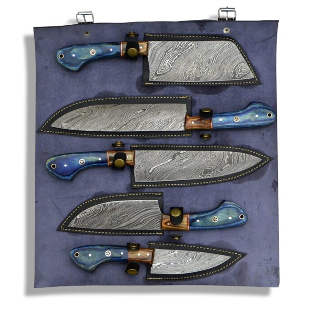 5 piece Damascus steel chef knife set in navy leather roll with buckle straps